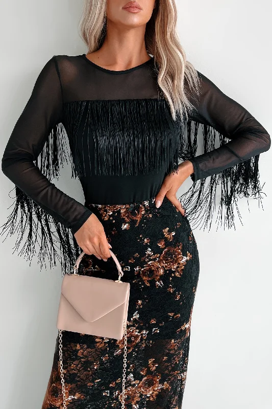 Trendy Looks Country & Proud Of It Fringe Mesh Long Sleeve Top (Black)