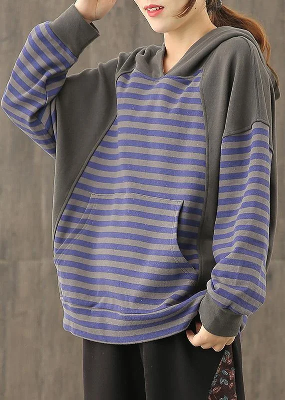 Simple Chic Loose hooded patchwork top Neckline blue striped tops