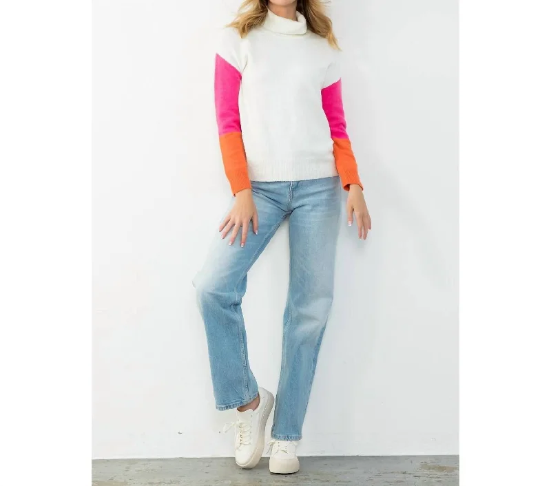 Cozy Footwear Colorblock Sleeve Knit Sweater In Cream