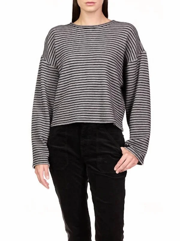 Casual Elegance Textured Ottoman Popover Sweater In Heather Grey With Black Stripes