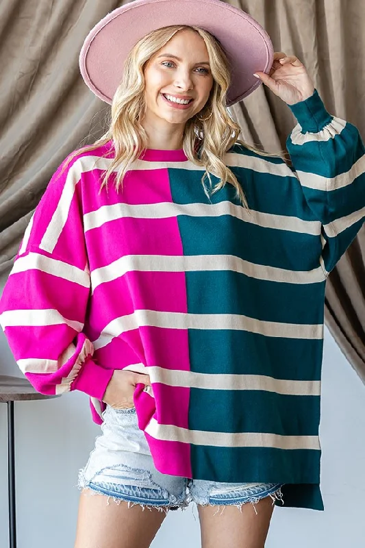 Modern Comfort Fuchsia Striped Colorblock Dolman Knit Top