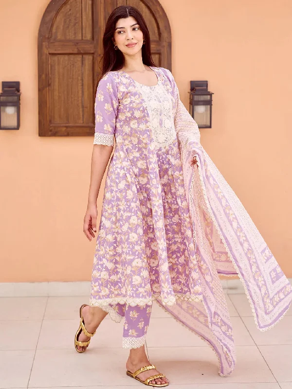 Effortless Elegance Dilbaro Purple Printed Cotton A-Line Kurta With Trousers & Dupatta