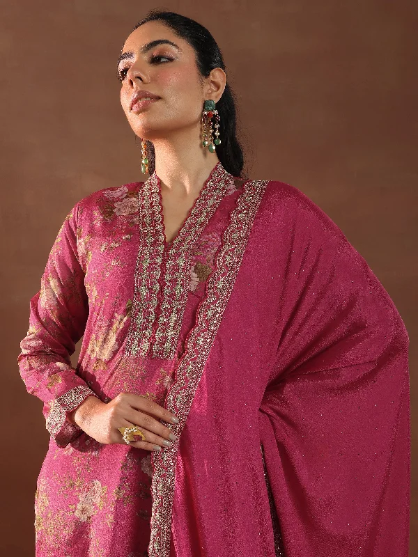 Warm Wear Pink Printed Silk Blend Straight Suit With Dupatta