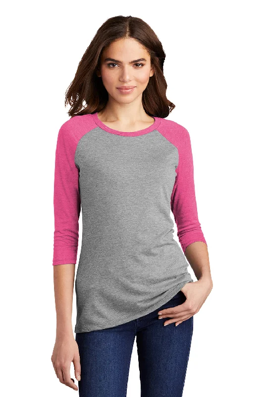 Simple Style District Womens Perfect Tri 3/4 Sleeve Crewneck T-Shirt - Grey Frost/Fuchsia Pink