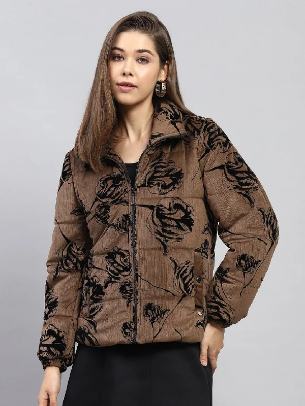 Simple Comfort Women Brown Printed Collar Full Sleeve Jacket