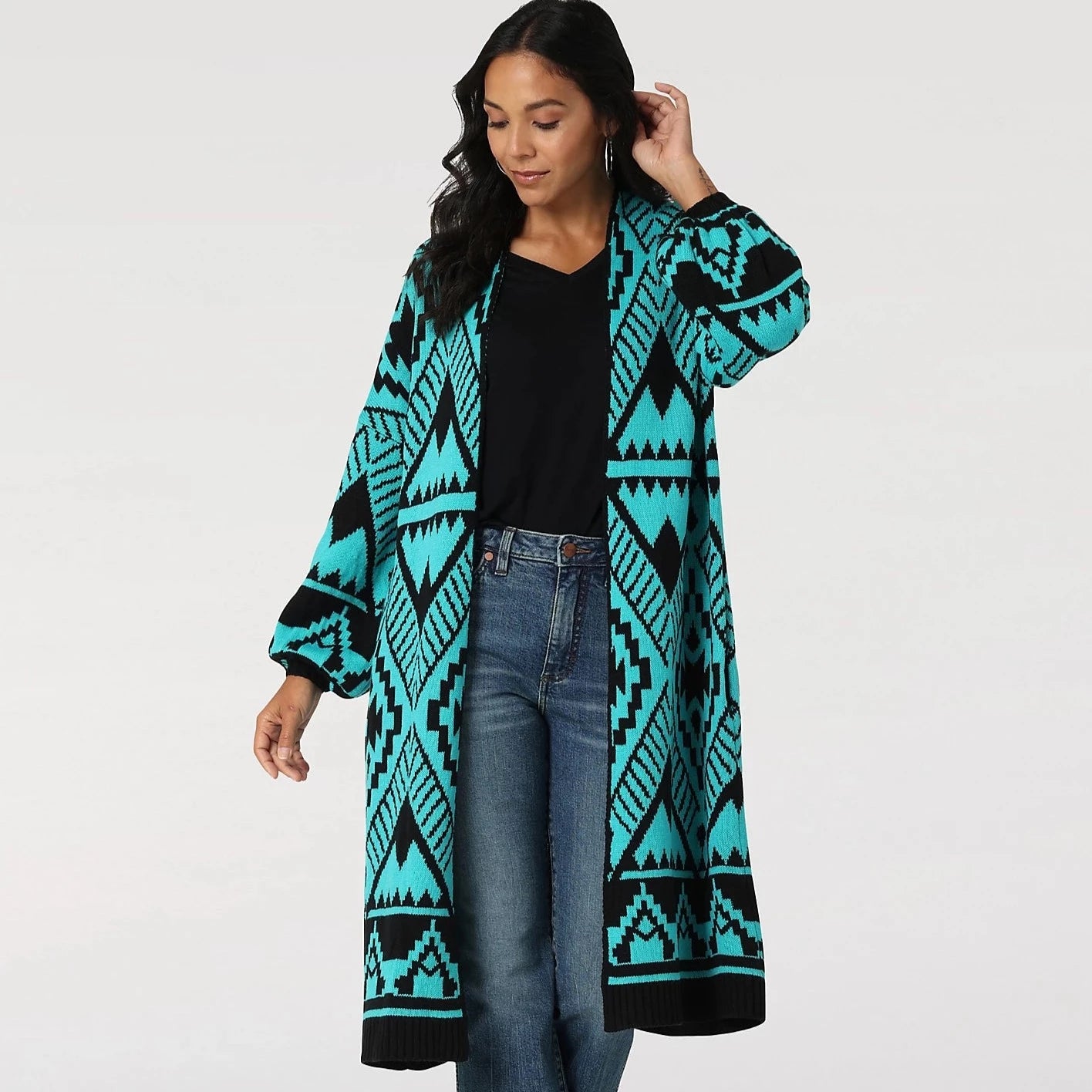 Comfortable Dresses Wrangler Women's Turquoise Aztec Long Cardigan