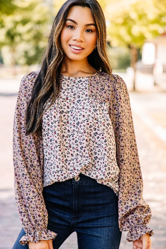 All-Day Wear Go Through The Motions Taupe Brown Ditsy Floral Blouse