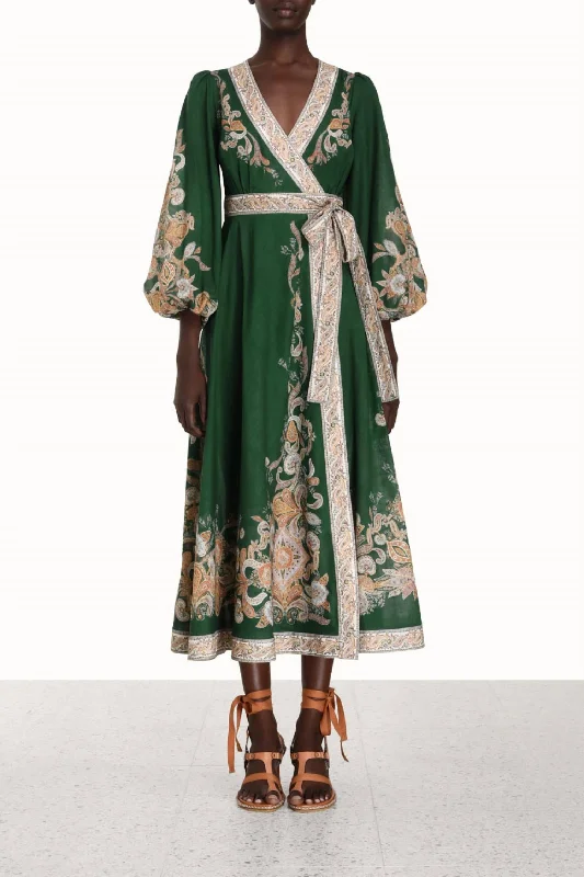 Cozy Dress Devi Wrap Midi Dress In Emerald Paisley