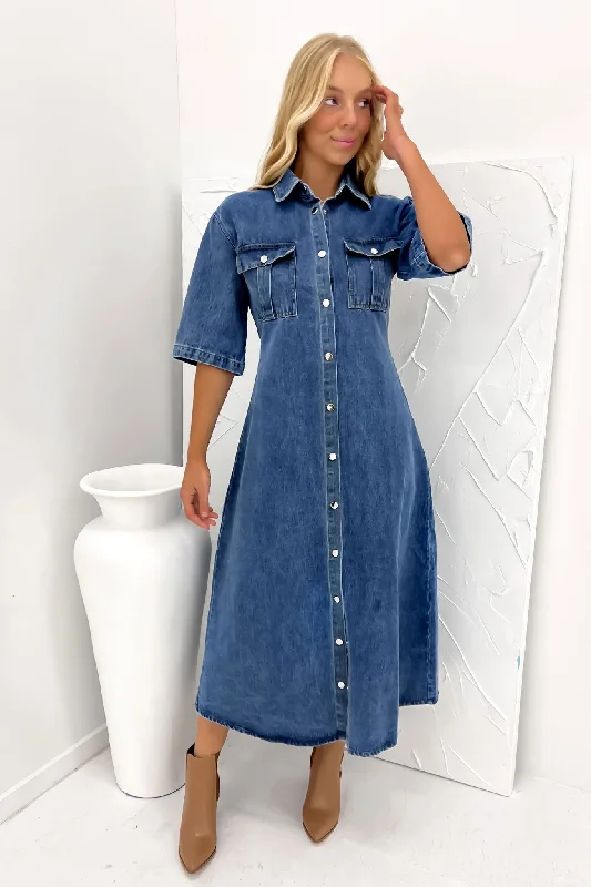 Modern Chic Hunter Denim Midi Dress Mid Blue