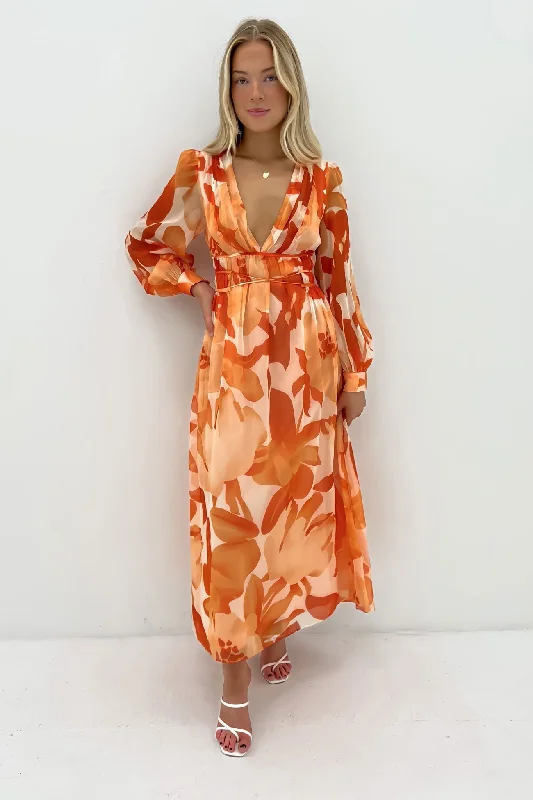 Soft Looks Julianne Midi Dress Orange Watercolour