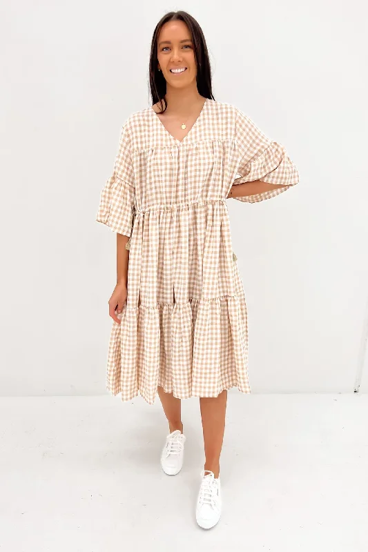 Relaxed Fashion Maceline Midi Dress Beige Gingham