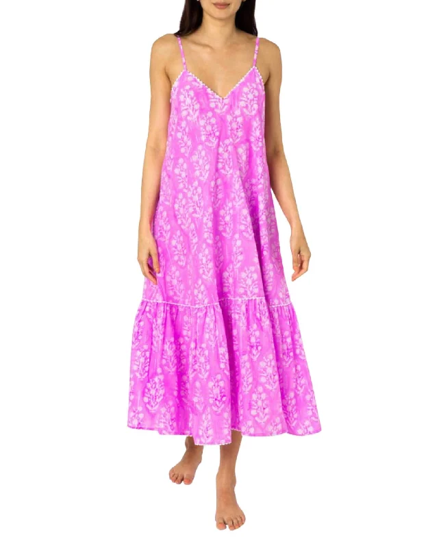 Light Comfort Small Flower Print Midi V-Neck Dress in Orchid Silver